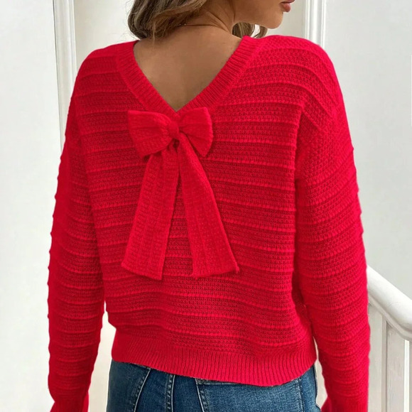 Red Casual Women's Elegant Bowknot Decor Drop Shoulder Sweater - Picture 4 of 4